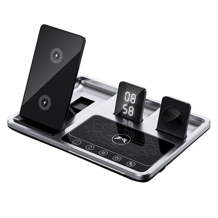 Зарядная станция R11 с часами 4 в 1 Desktop Wireless Charging: iPhone, Airpods, iWatch 15W, серебристый (Type-c)